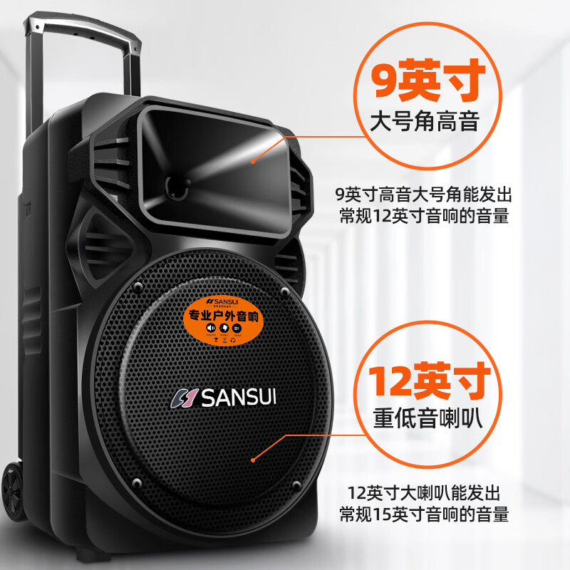 SANSUI A12-66 12-inch square dance speaker outdoor karaoke subwoofer Bluetooth speaker portable karaoke mobile stage trolley speaker high-power amplifier flagship version (12-inch subwoofer + dual microphones)