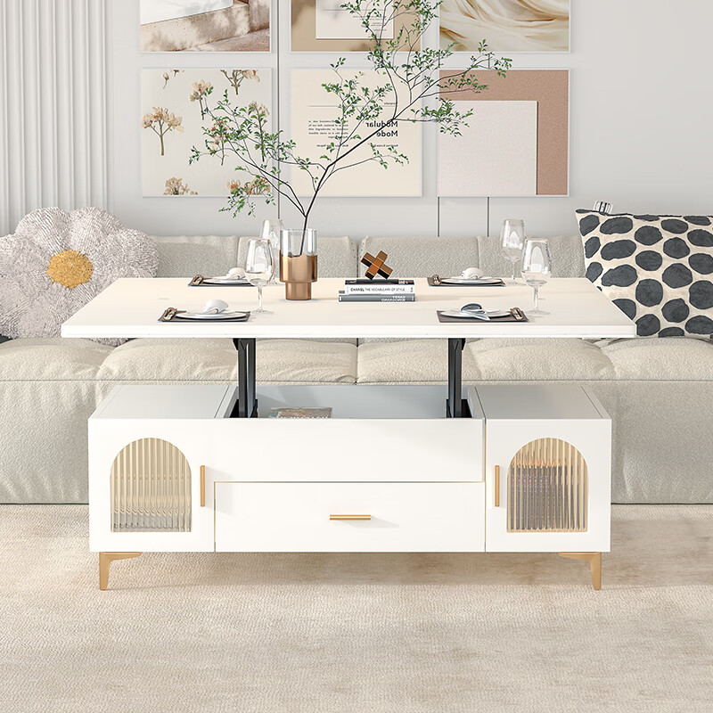 Hongbaolinjia multifunctional lifting coffee table and dining table dual-purpose cream style small apartment living room home all-in-one multi-purpose table foldable 1.2 meters solid wood coffee table snow mountain white glass