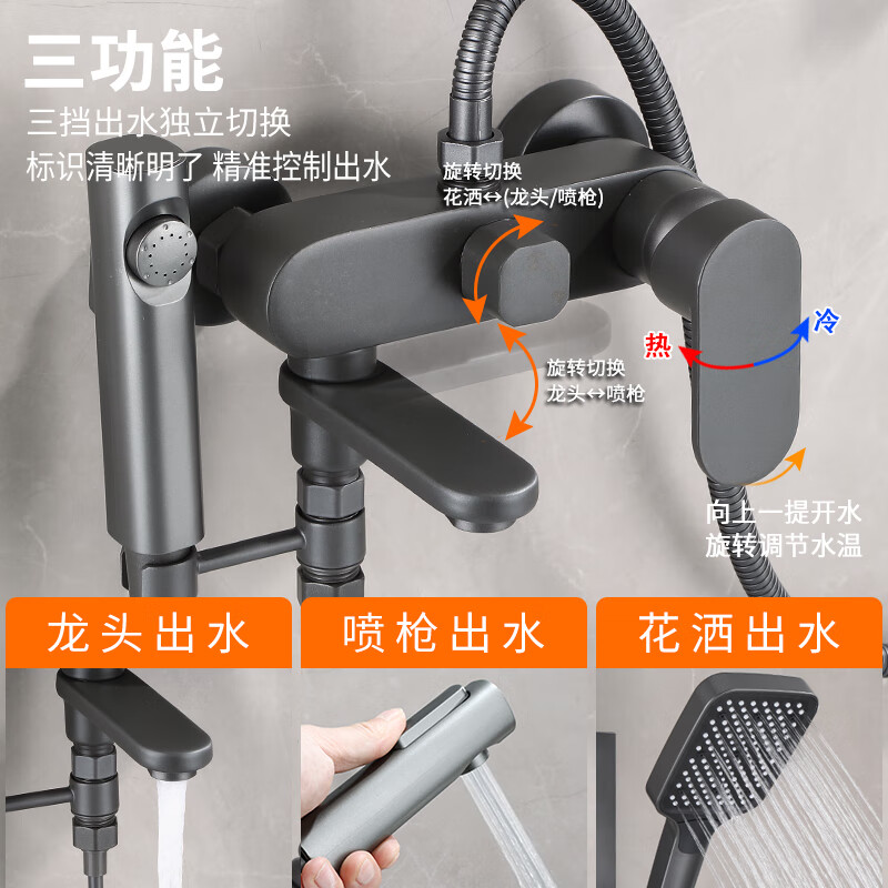 Tipai Gun Gray Bathroom Shower Shower Set Rain Sprinkler Bathroom Hot and Cold Full Copper Mixing Valve Bathtub Faucet Black D Style (Square Sprinkler)