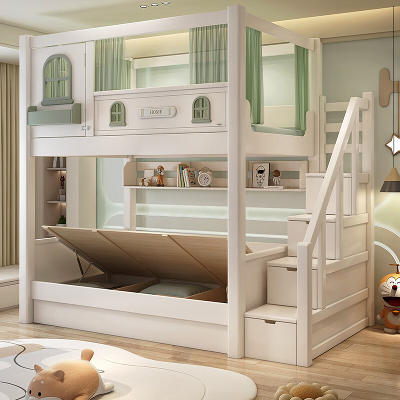 Jian Muxi all solid wood bunk bed with wardrobe combination split-level bed and table staggered bunk bed children's high and low bed upper bunk + bookcase desk + ladder cabinet 1.2*1.9 meters