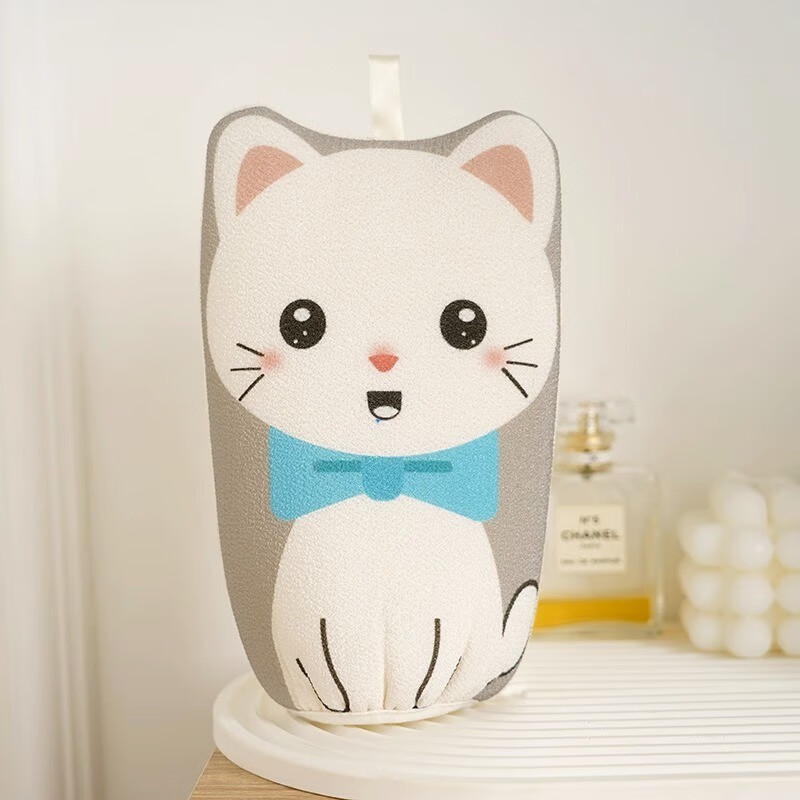 Children's bath towel does not hurt the skin, 4-12 years old, double-sided, powerful decontamination, mud bath, baby cleaning, cute cartoon, cute and funny cartoon kitten-pink