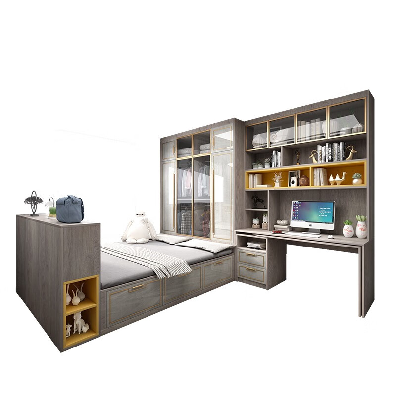 Pinshang Juran solid wood tatami bed wardrobe integrated light luxury one-piece bed with desk bookcase bay window cabinet combination multi-functional storage bed high box bed cabinet storage cabinet step-by-meter customized separate wardrobe width 1800 height 2400 depth 600mm - 4 doors