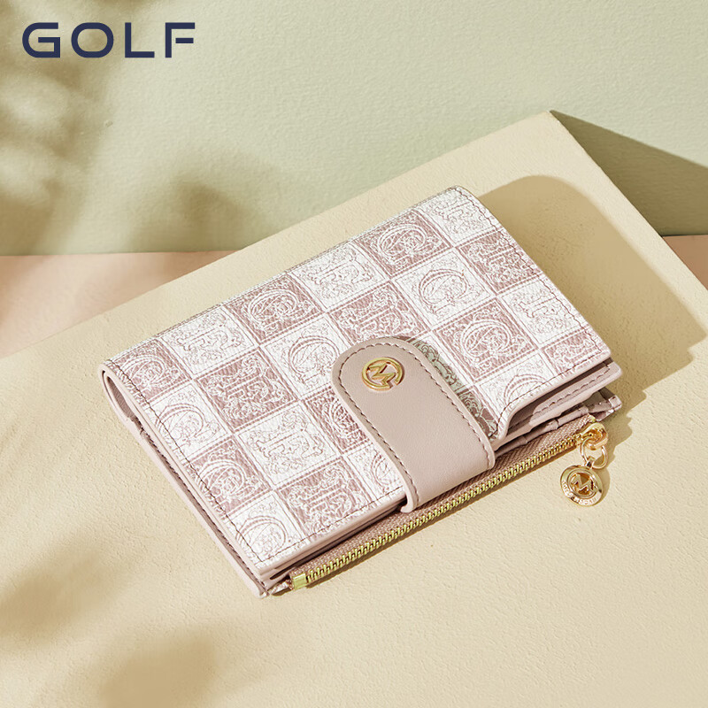 Golf (GOLF) short wallet for women, fashion print, women's coin purse, multi-card slot bag, women's bag, versatile clutch bag, gift box, pink apricot color with beige color