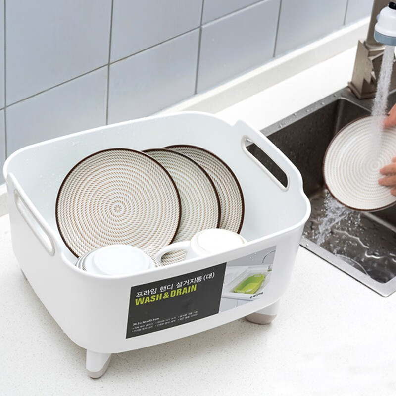 Home KATEI STORY Korean imported kitchen drain basket dish basin household large drip sink fruit basin plastic mobile sink double-ear drain storage basin (white)