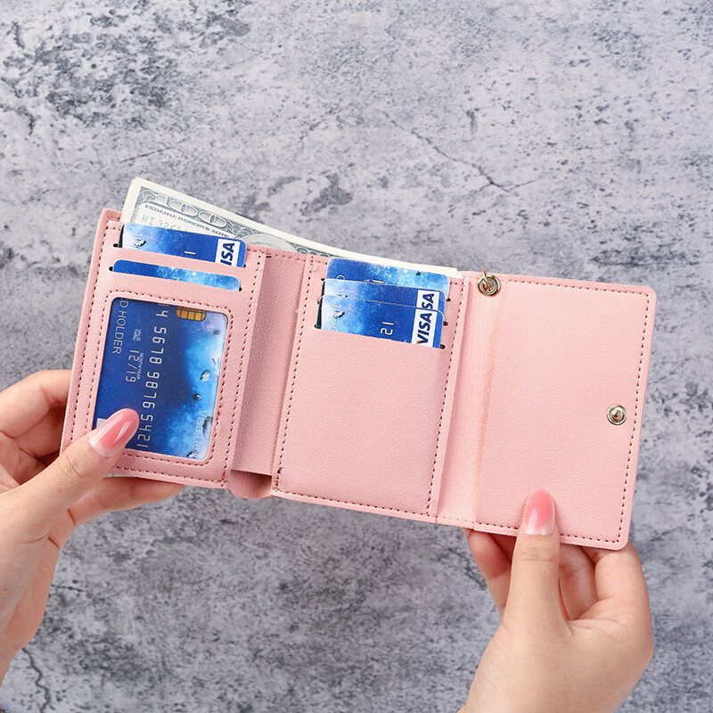 Changyin Cute Cartoon Wallet Women's Short Soft Leather Korean Style Fashion Tri-fold Buckle Small Fresh Student Coin Clip Multiple Card Slots Dark Pink