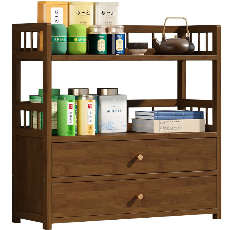 Huangweima tea cabinet storage rack office tea cabinet bamboo wood living room floor-standing tea table side cabinet storage storage small cabinet Lingyun 50 three-layer double drawer