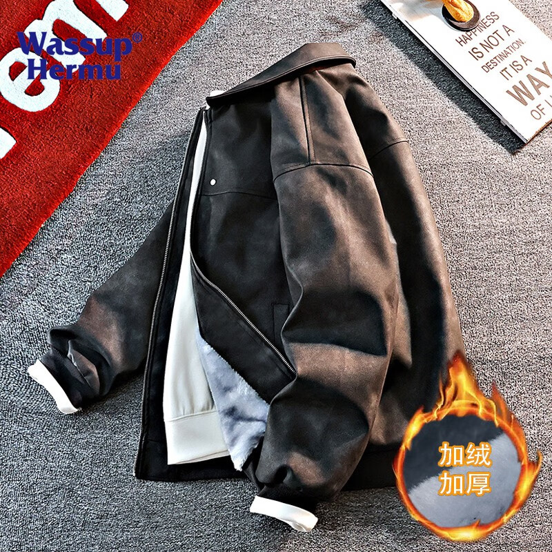 WASSUP HERMU official jacket for men and women in autumn and winter Maillard handsome motorcycle leather jacket high-quality American street casual leather jacket gray (plus velvet) XL (recommended 130-150 pounds)