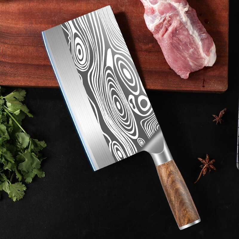 Xiao Tianlai Knife Sharpener Kitchen Knife Damascus Grain Meat Cleaver Kitchen Knife Sharp Slicing Knife Stainless Steel Kitchen Knife (Yellow Wood Handle)
