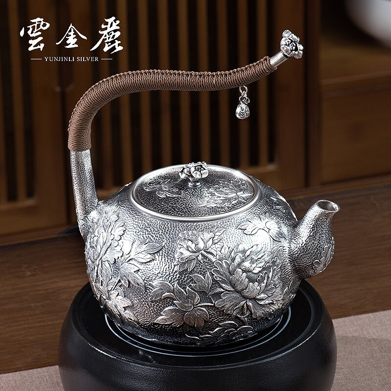 Yun Jinli 999 Pure Silver Boil Kettle Kung Fu Tea Set Handmade Lift Boil Tea Kettle Investment Collection Gift to Teachers and Elders Silver Kettle Jinse Chunhua 763g, 1340ml