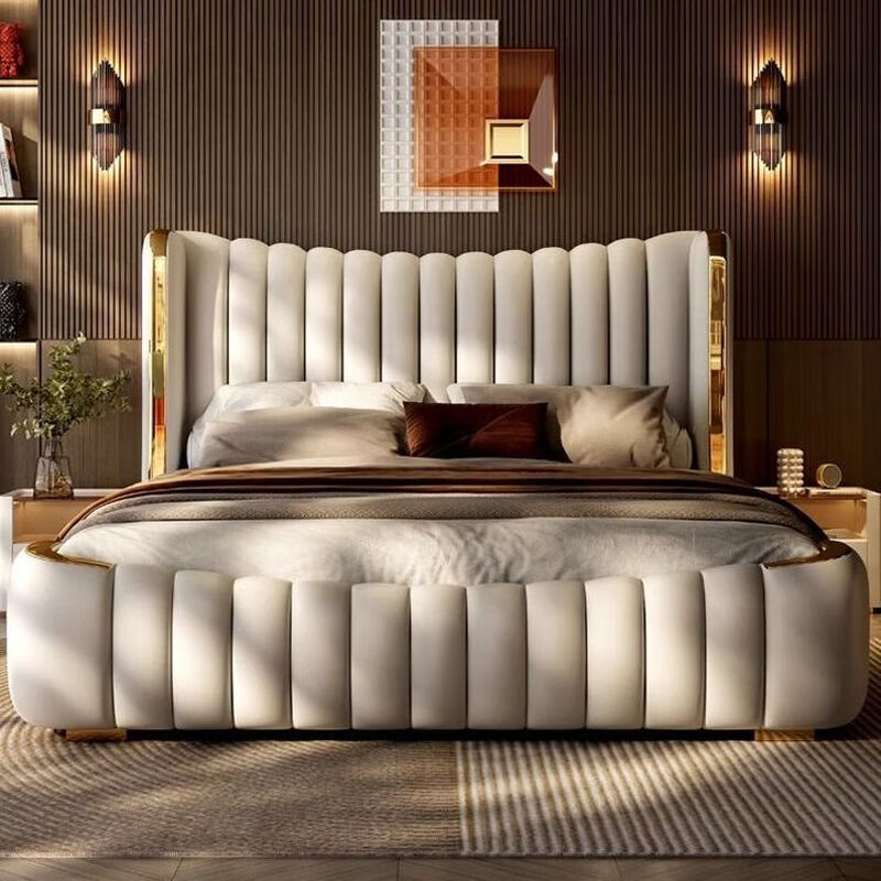 MLLHHCO German brand American light luxury master bedroom leather bed high-end atmospheric double white piano key second bedroom storage wedding bed leather bed + 9D polymer independent spring cushion 2000mm*2200mm frame structure