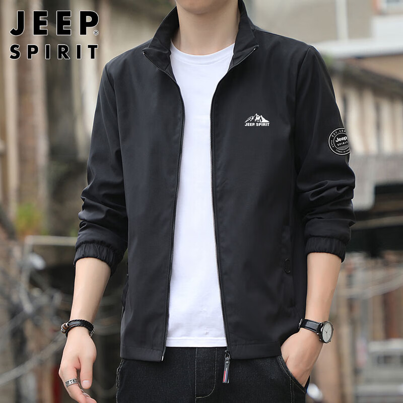 JEEP SPIRIT Jeep Jacket Men's Trendy Autumn and Winter Jacket Men's Stand Collar Slim Clothes Black XL