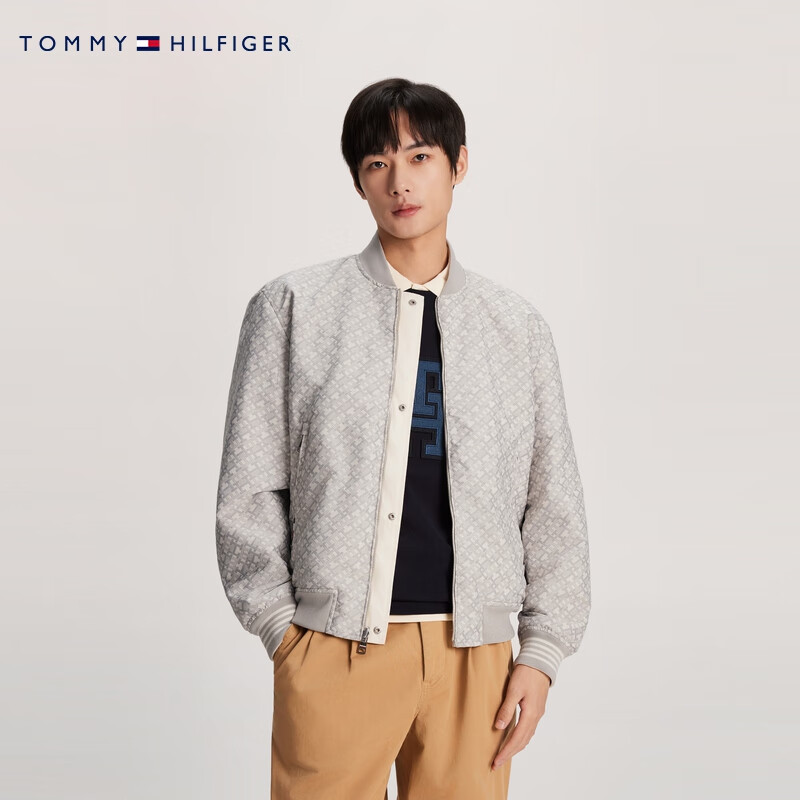 Tommy Hilfiger reversible autumn and winter men's and women's casual American college all-over printed baseball collar bomber jacket off-white/printed AEF M (recommended 135-150 pounds)