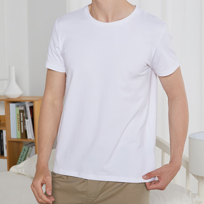 BXMAN autumn and winter short-sleeved men's underwear cotton base shirt spandex stretch crew neck shirt comfortable 2-piece white 175L