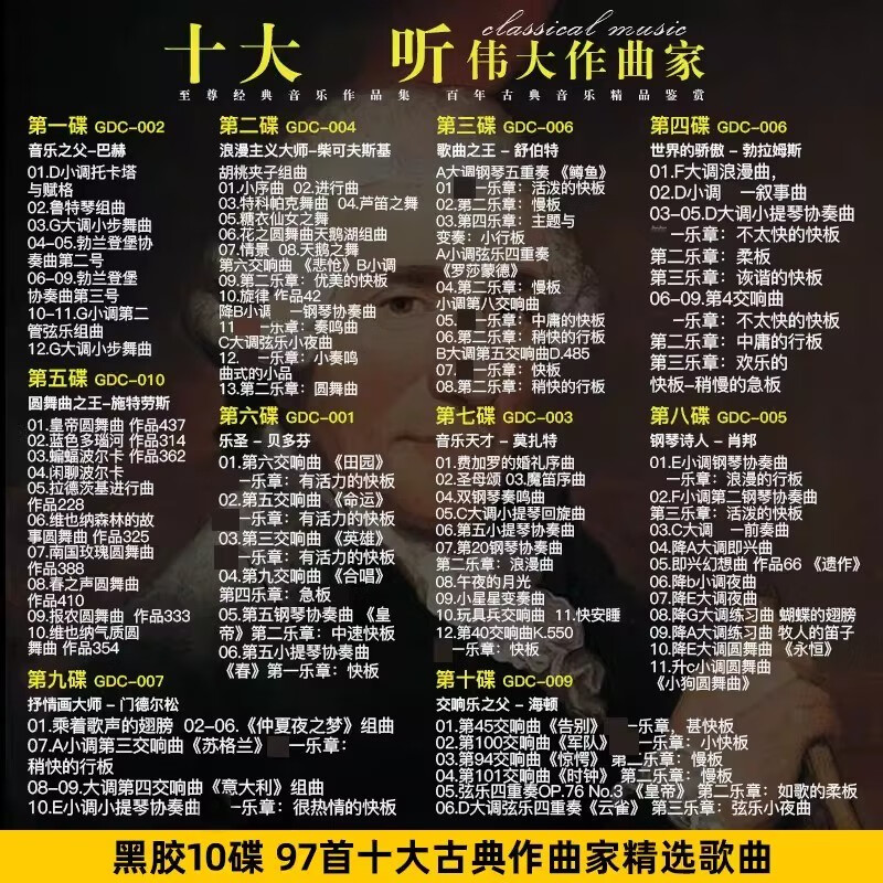 Top Ten Great Composers CD Collection Classical Music Lossless Sound Quality Vinyl Car CD Discs