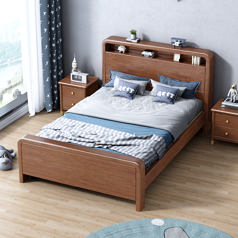 Chic Wood Language (BIEZHIMUYU) Walnut Bed New Chinese Bed Solid Wood Bed Teen Primary School Student Bedroom Luminous Storage Single Bed Storage Single Bed Single Bed + Drawer + Mattress + Bookshelf 1.2*2.0 meters (regular style)