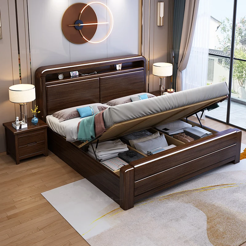 Yunxin Purple Sandalwood Solid Wood Bed Modern Simple 1.8m Double Bed 1.5m Home Master Bedroom Storage Bed with Light Purple Gold Sandalwood Single Bed 1800mm*2000mm Frame Model