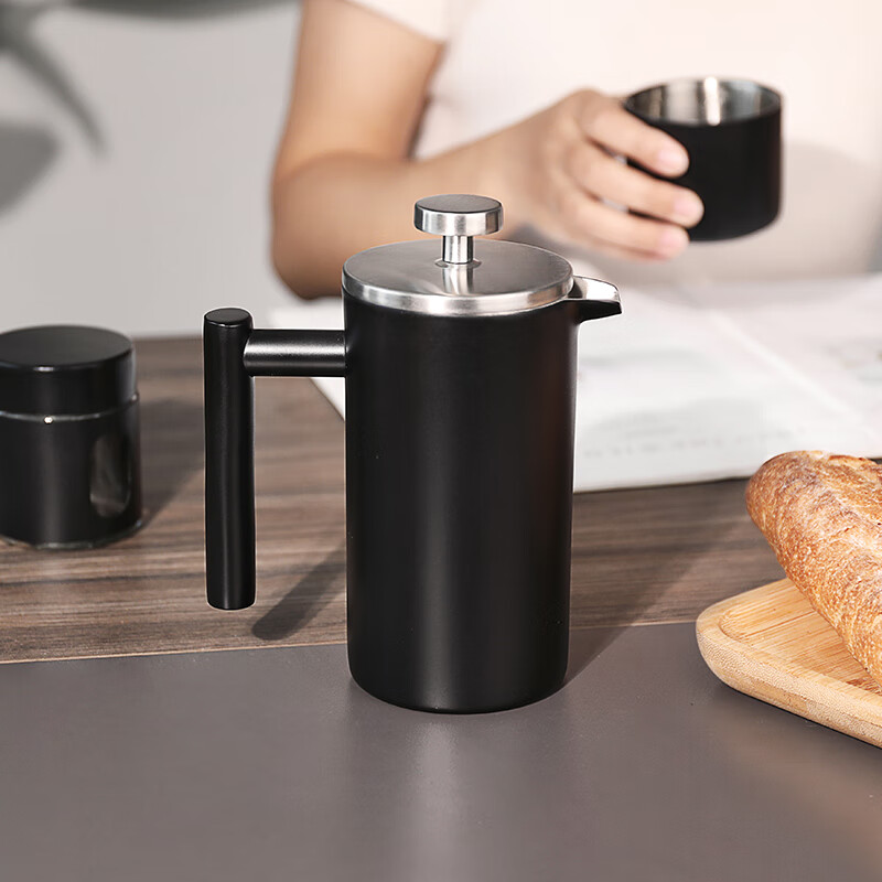 MDUG Stainless Steel French Press Coffee Pot French Hand-brewed Coffee Set Set for Making Tea Double-layer Insulation Matte Black 350ml