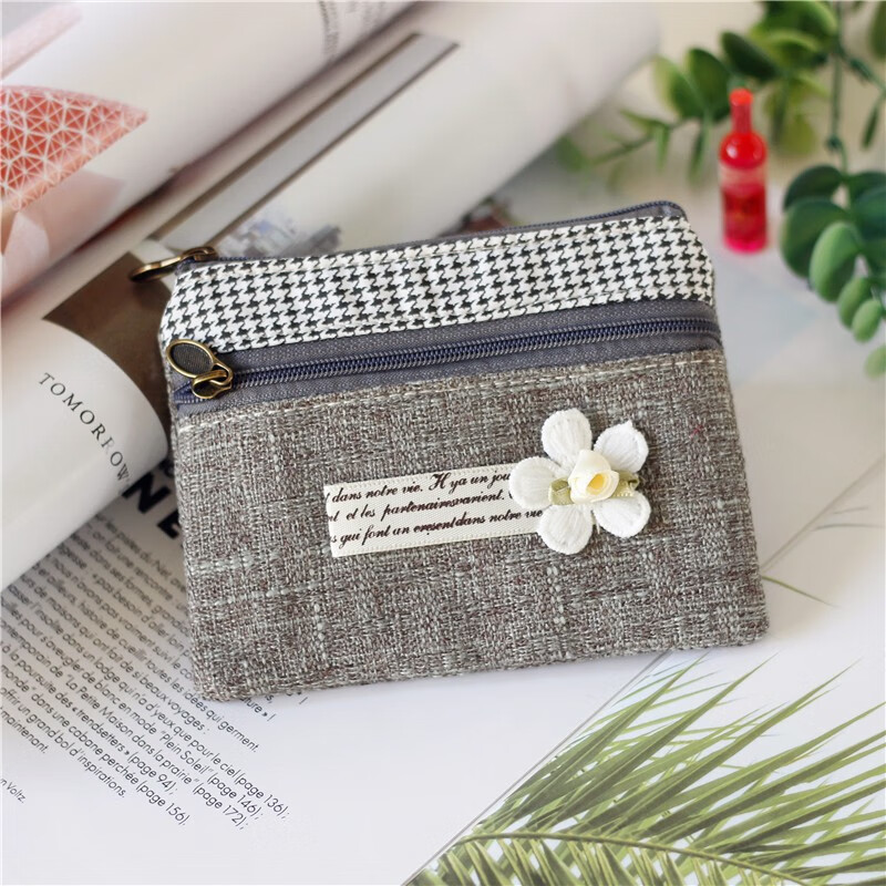 Kingtrip Cotton and Linen Coin Bag Coin Purse Literary Mori Girl Coin Bag Pastoral Double-layer Small Cloth Bag Student Card Bag Driver's License Storage Bag Plain Blue