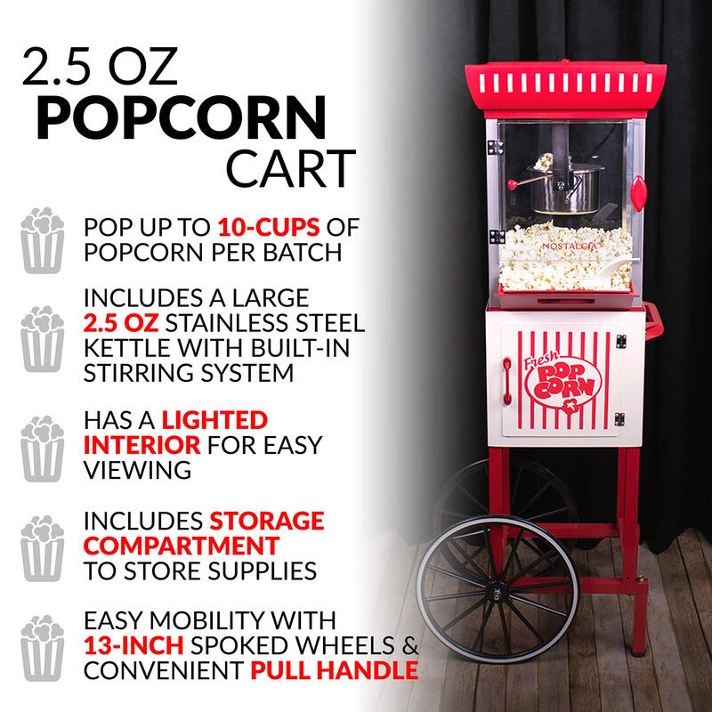 Nostalgia Retro Cinema 70g Popcorn Machine 10 Cups Large Capacity Requires Transformer