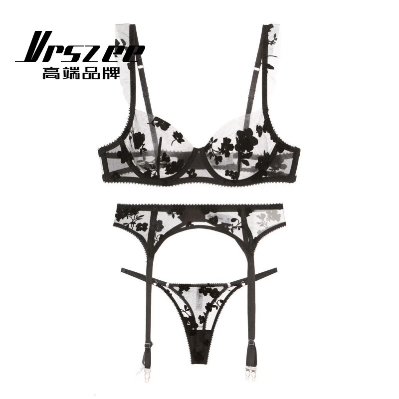 VRSZEE high-end brand underwear female sexy thin embroidered lace bra set push-up bra temptation underwear bikini black suit 80C