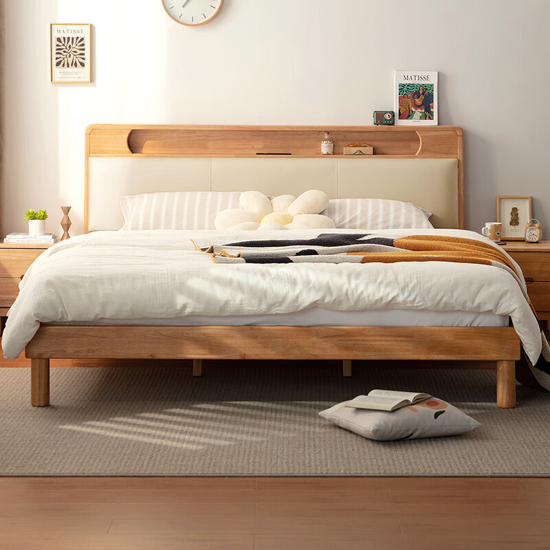 Lin's home solid wood bed double bed Nordic log style soft-packed bedside storage bed modern home master bedroom king bed PK9A solid wood color | row frame solid wood bed 1.5 meters x 2 meters