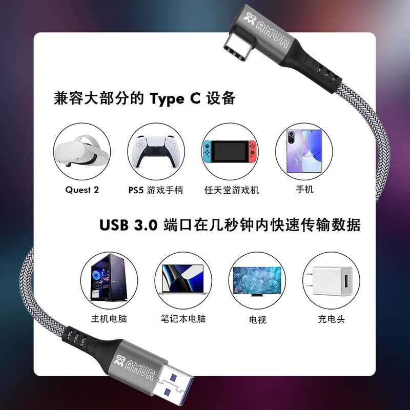 AMVR is suitable for Meta Quest 3/2/PICO4/Neo3 streaming connection data cable 5 meters computer type-c connector VR glasses type-c interface serial cable (5 meters)