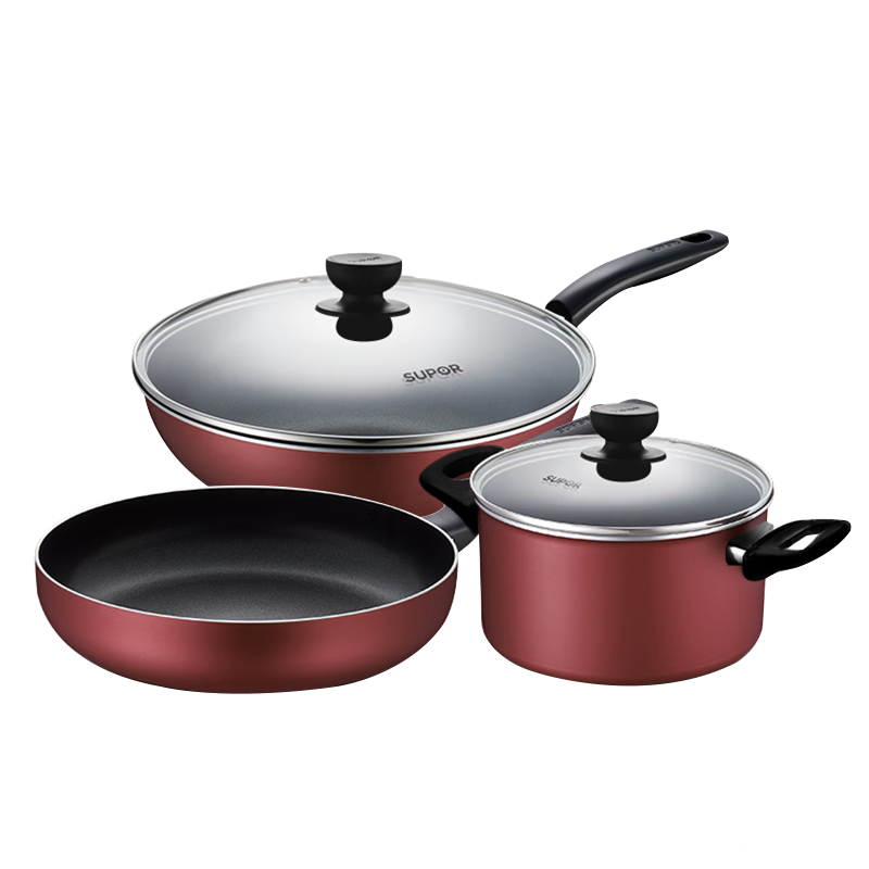Supor non-stick pan set, non-stick wok, frying pan, soup pot, three-piece kitchen utensil set, universal for gas induction cooker, wine red 3-piece set (universal for gas induction cooker)