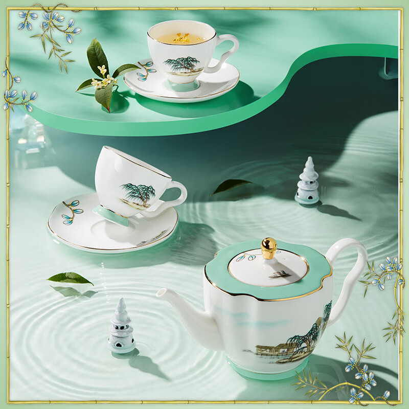 Magalonte New Year's gift West Lake Feast 6-head showerhead bone china tea set cup coffee cup and saucer with teapot