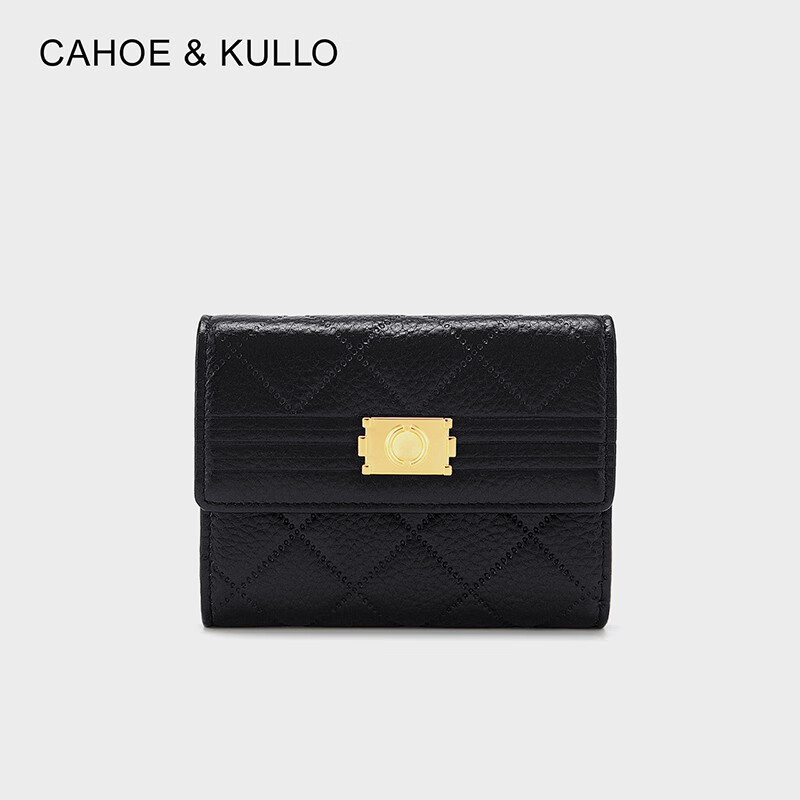 CAHOE KULLO cowhide wallet women's short 2025 new women's card holder clutch bag women's multi-functional coin purse small wallet rhombus black-ck women's bag Valentine's Day birthday gift for girlfriend or wife Practical and heartfelt high-end gift for best friend in autumn and winter