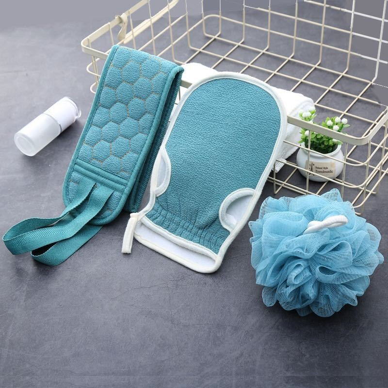 PAIDAI bath towel, adult bath towel, back strip, bath ball, bath towel, frosted thickened set, three-piece bath set, blue