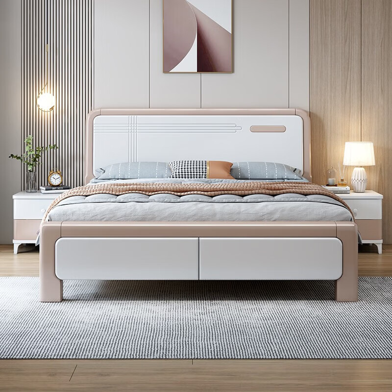 First year all solid wood bed light luxury bed modern simple master bedroom double bed white high box storage wedding bed bedroom furniture silent bed + bedside table * 1 + Tencel latex mattress 1.8 meters * 2 meters frame style
