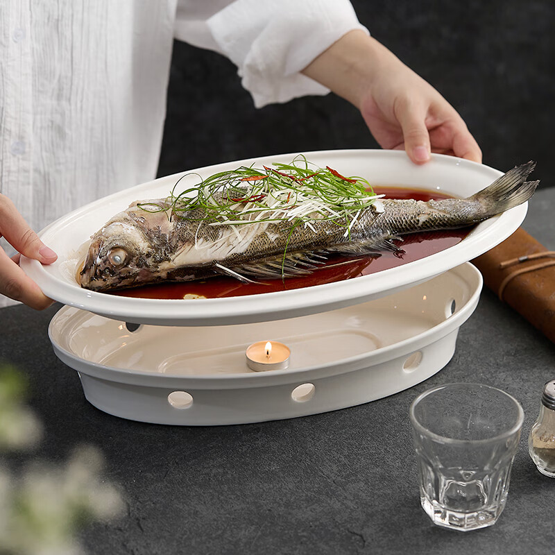 Chidu Candle Heating Stove Club Creative Chinese Insulated Dish Plate High-end Hotel Restaurant Open Stove Tableware Heated Fish Plate Tianyu Fish Warming Stove-White Porcelain 14 Inch