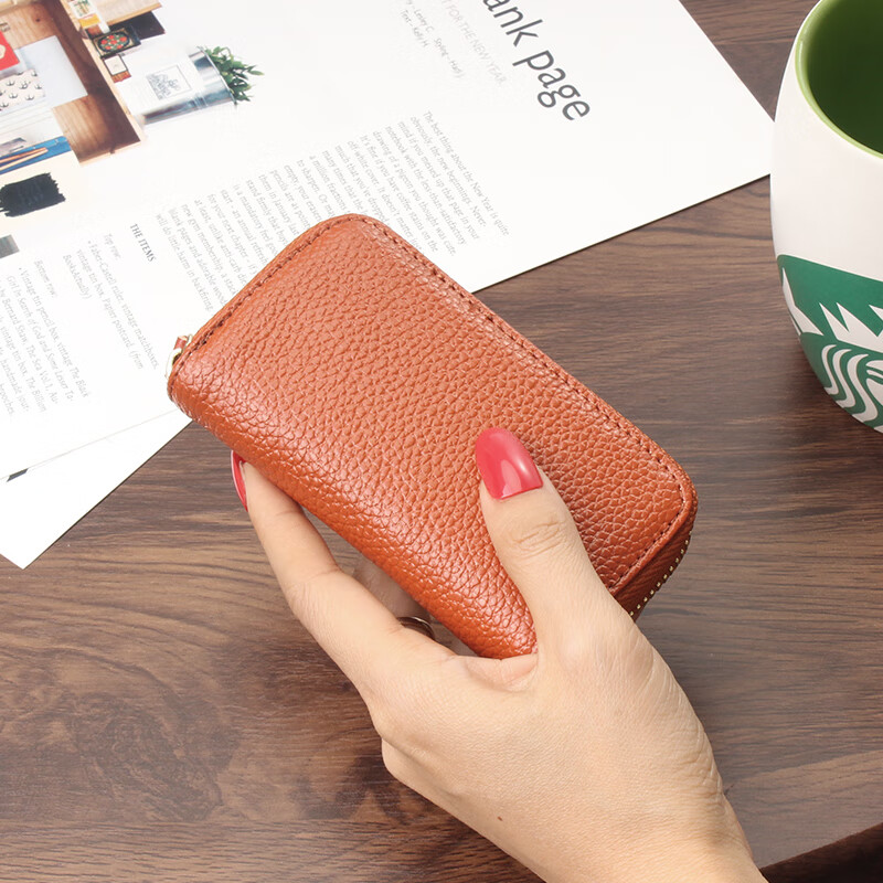 KUQIDAISHU key bag women's genuine leather exquisite mini large capacity home key bag key storage card bag integrated key chain brown