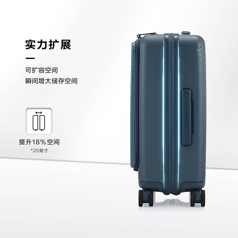 Samsonite suitcase 20-inch trolley case with front opening, large capacity, side-opening suitcase, password box, navy blue UE9