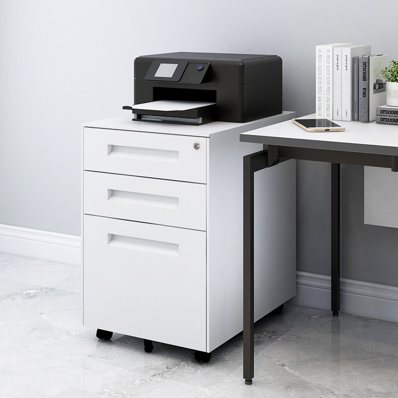 Rockefeller steel file movable cabinet three-drawer cabinet office storage low cabinet mobile iron cabinet with lock white