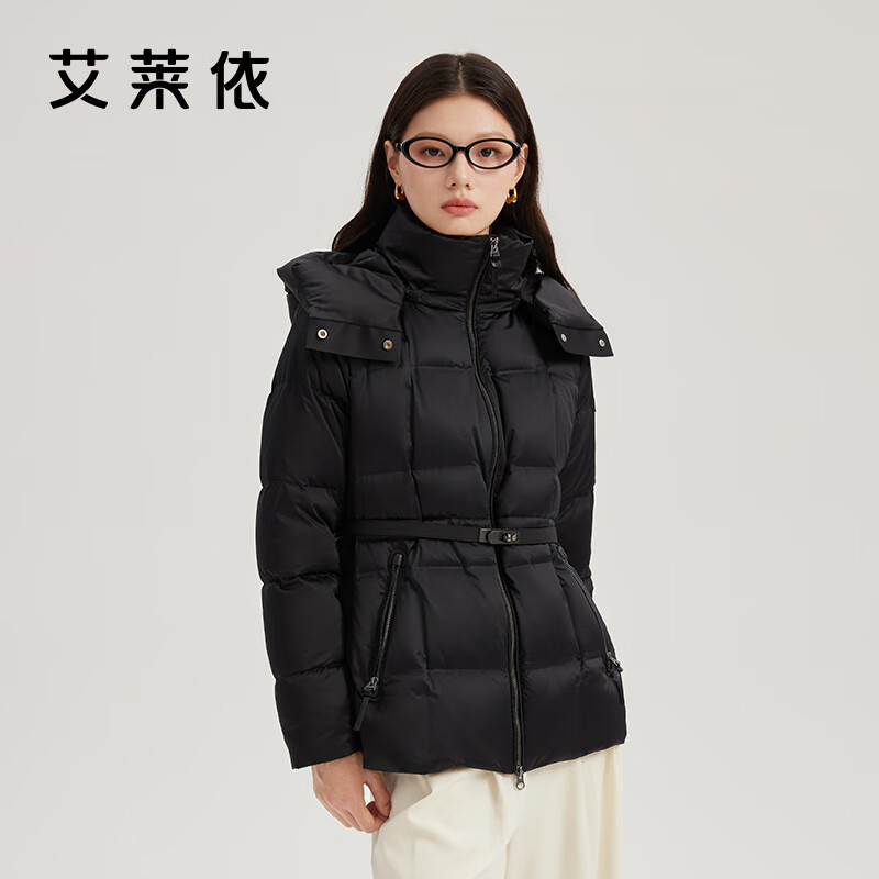 Ai Lai Down Jacket Women's Fashion Commuting Patchwork Waist Warm Hooded Winter New Year Jacket Carbon Black M