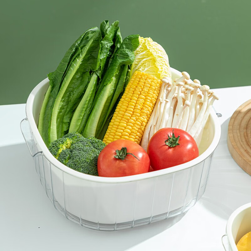 Home KATEI STORY Japanese vegetable basket drain basket plastic double-layer vegetable basin kitchen drain basket fruit basket thickened leaking basin vegetable basin white 3 sets 6 pcs