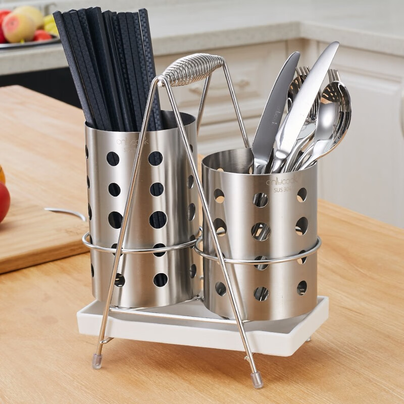 Onlycook chopstick barrel stainless steel 304 household multi-functional double barrel drain fork spoon tableware chopstick cage chopstick basket storage rack