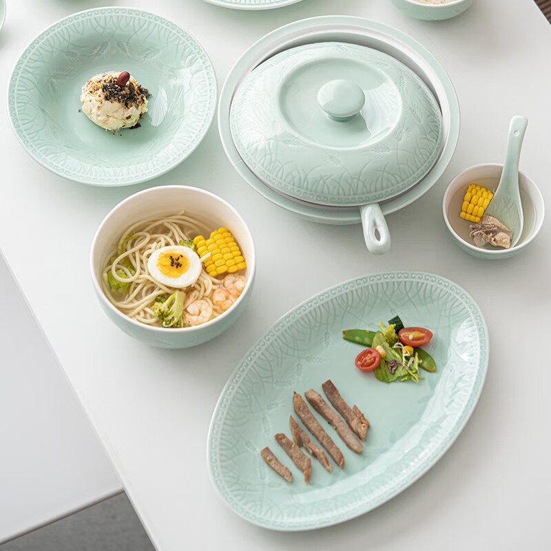 Su's Ceramics Celadon Tableware Set Light Green Glazed Grain Fengdeng Ceramic Bowl and Plate 56 Medium Tableware Gift Box
