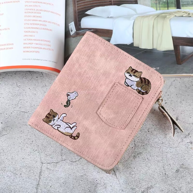 Ins card holder wallet all in one female short style student Korean style cute Japanese girl simple thin folding cat coin clip gray blue