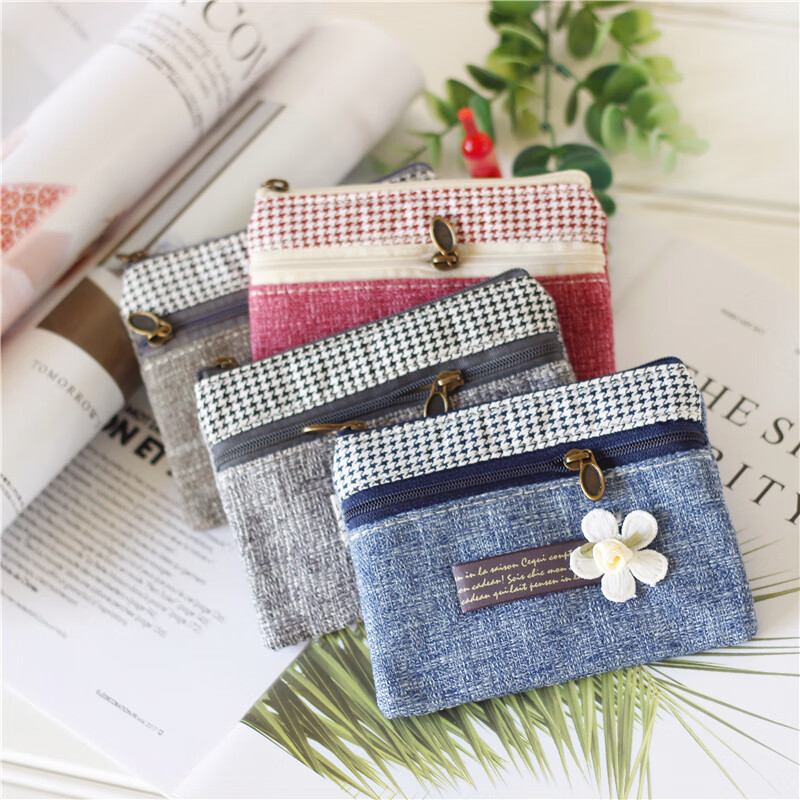 Kingtrip Cotton and Linen Coin Bag Coin Purse Literary Mori Girl Coin Bag Pastoral Double-layer Small Cloth Bag Student Card Bag Driver's License Storage Bag Plain Blue