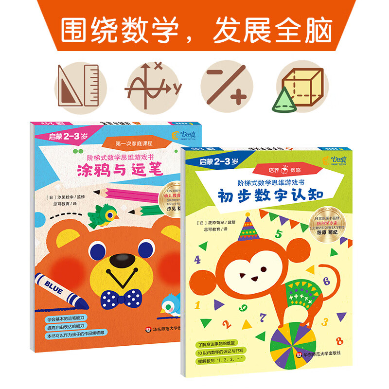 2-3 years old, Nanada Zhen's ladder-type mathematical thinking game book, enlightenment for 2-3 years old (graffiti and pen skills + preliminary number recognition, set of 2 volumes)
