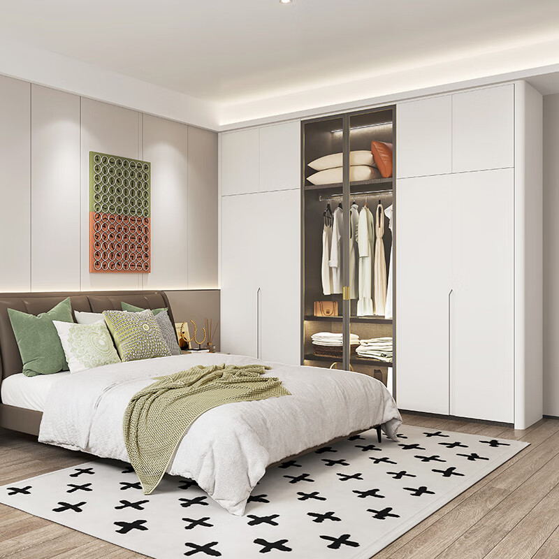 Sofia whole house custom wardrobe furniture package, master bedroom wardrobe leather double bed combination, bedside table background wall 4 wardrobe + bed + bedside table + 3 background wall