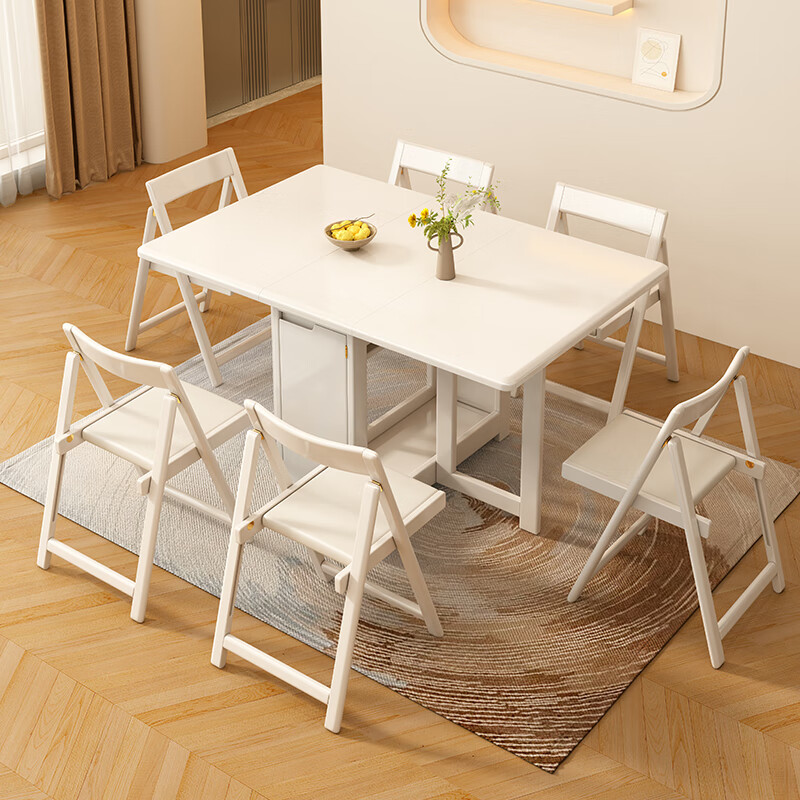 Senneng solid wood folding dining table and chair combination small apartment retractable dining table multi-functional cream style white stowable folding table 1.4m single dining table + sideboard + chair *2