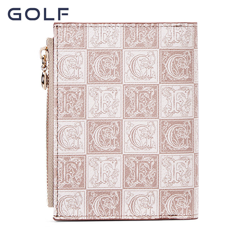Golf (GOLF) short wallet for women, fashion print, women's coin purse, multi-card slot bag, women's bag, versatile clutch bag, gift box, pink apricot color with beige color