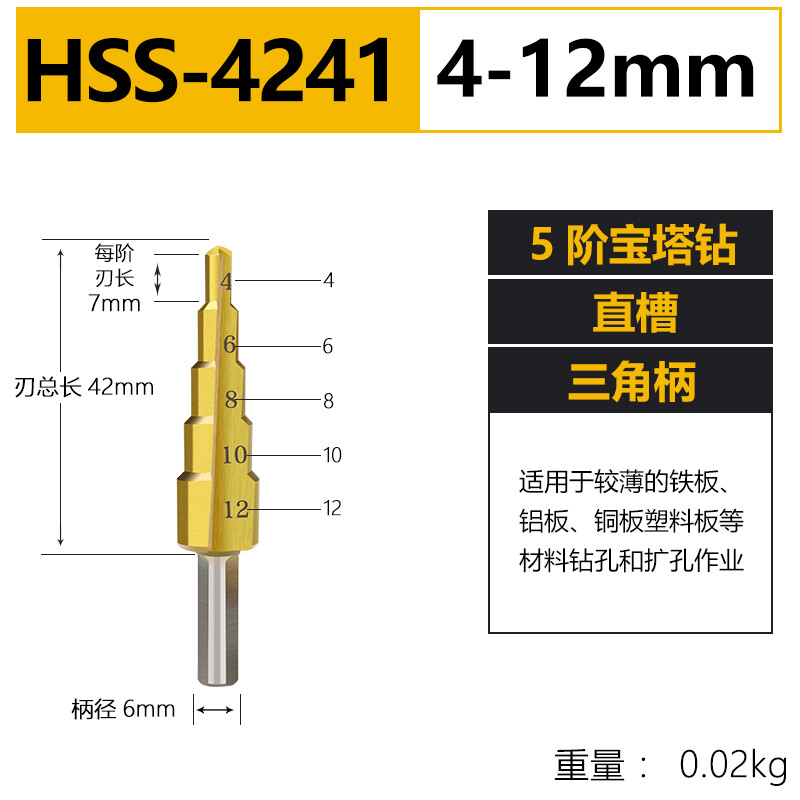 Baolian pagoda drill bit step tower type step hole expander stainless steel iron aluminum plate metal hole opener 4-12mm (five steps 4241)