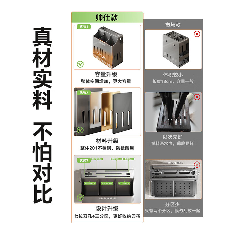 Shuaishi kitchen knife holder, knife storage rack, stainless steel kitchen knife storage rack, knife holder, chopstick cage, integrated countertop type