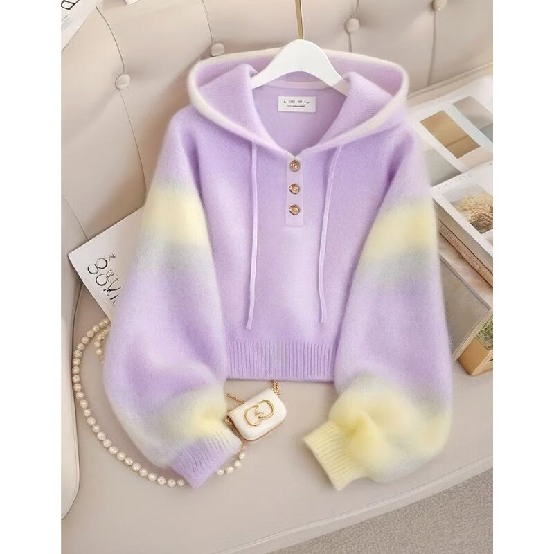 XiangDuoEr (XiangDuoEr) Korean purple loose lazy style high-end hooded sweater 2025 autumn new style casual knitted top Purple 3434# M recommended within 100 pounds