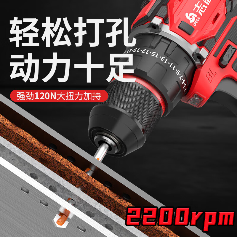 Chigo Brushless Hand Drill Lithium Battery Impact Drill Household Electric Drill Small Steel Cannon Rechargeable Multi-Function Electric Pistol Drill 120N Impact Small Steel Cannon 2.0Ah One Power + Gift