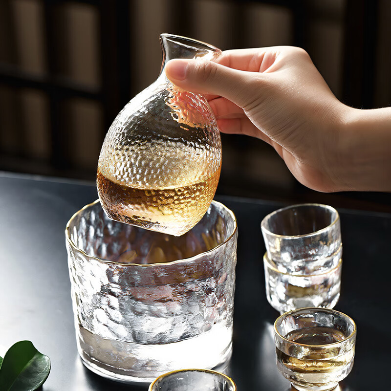 CLITON handmade gold-edged hammered Japanese sake cup and pot set wine dispenser rice wine warmer gift box 6-piece set